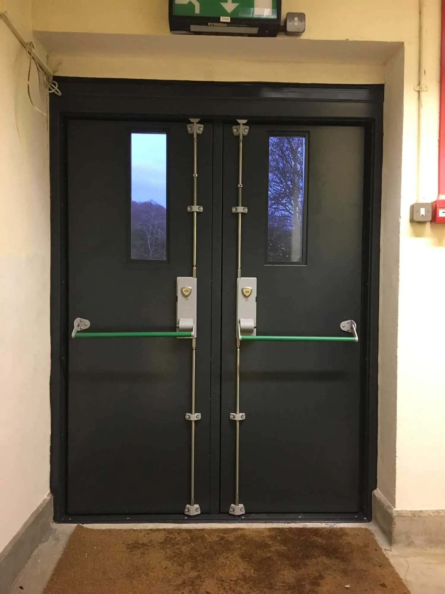 Closed grey double doors with narrow vision panels, green push bars and multi-point locking rods